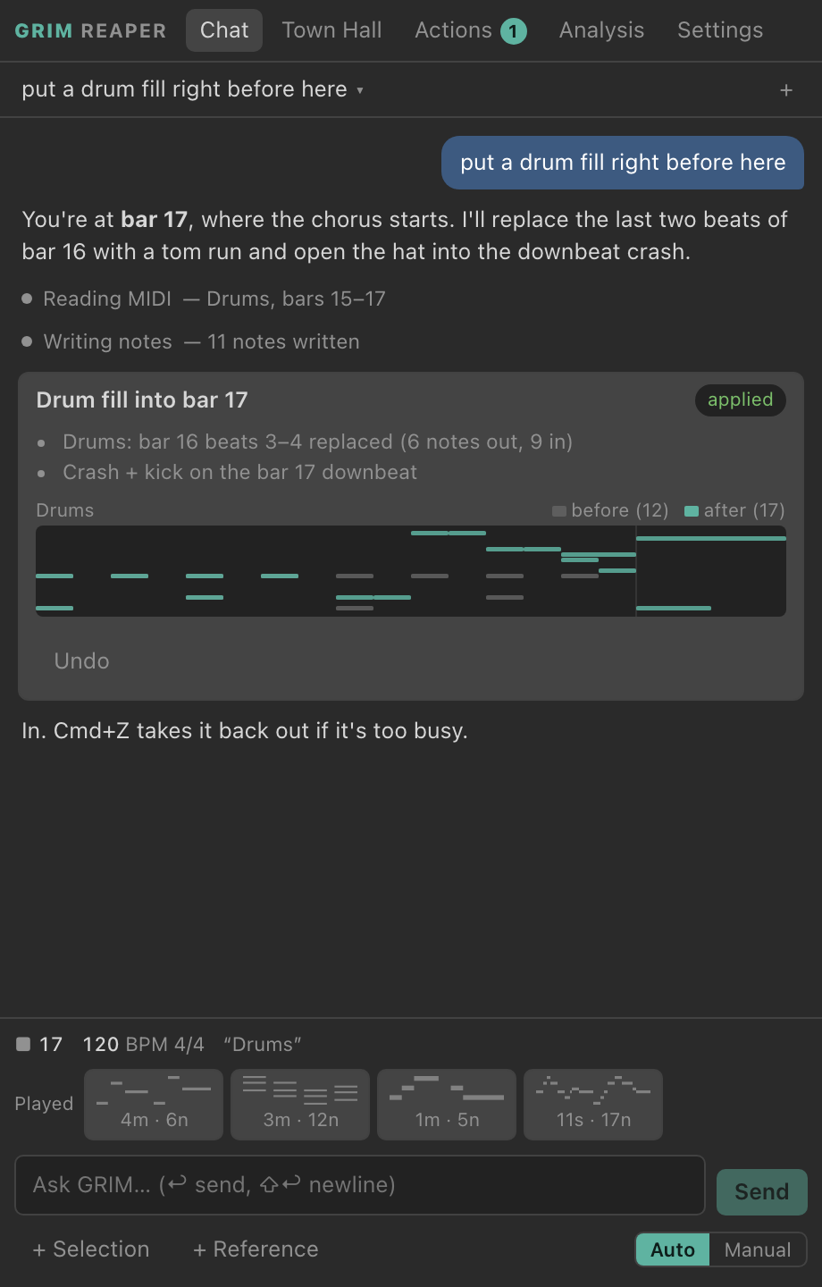 An applied change card, Drum fill into bar 17, showing the old and new drum notes and an Undo button.