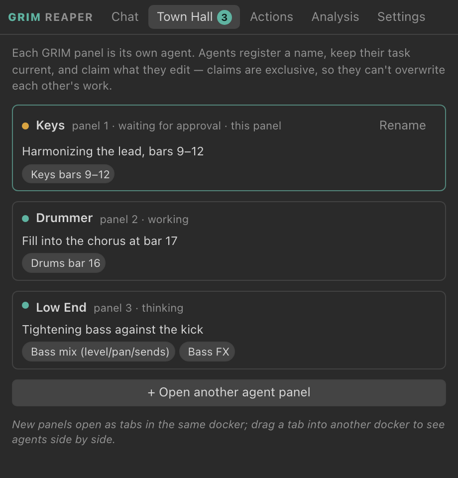 The Town Hall tab listing three agents: Keys, harmonizing the lead in bars 9–12; Drummer, writing a fill into bar 17; and Low End, tightening the bass against the kick. Each shows its claims.
